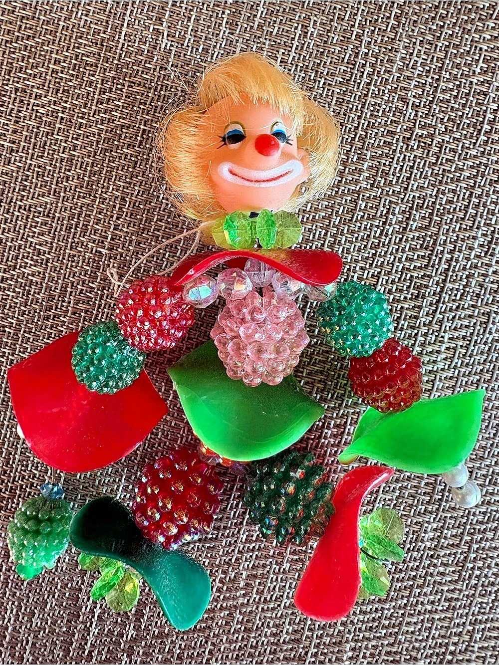 Vintage 1970’s Handmade Clown Beaded Christmas Ornament Plastic Face Red Green